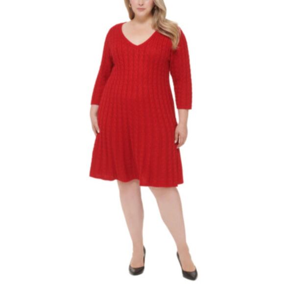 Jessica Howard Women NWT New Sweater Dress Cable Knit V-Neck Red Size 2X J102 - Picture 2 of 9